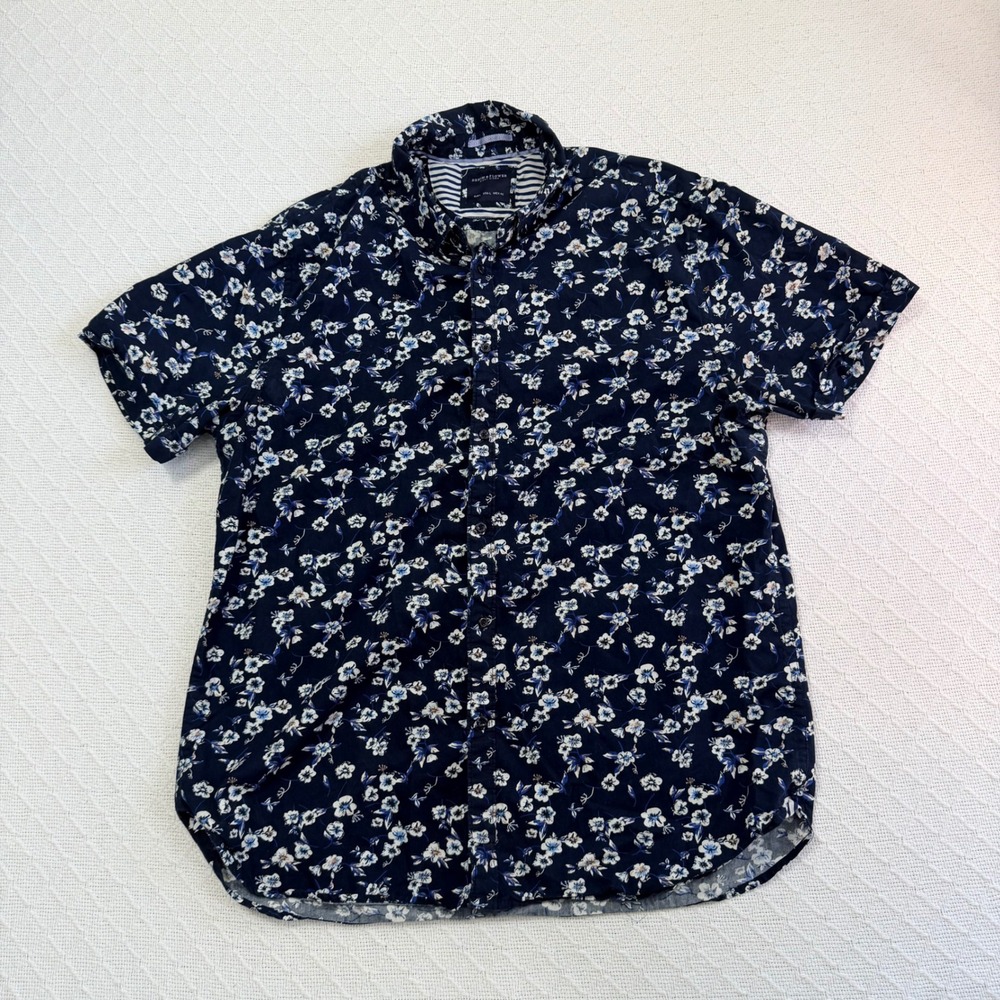 Vintage Denim & Flower Ricky Singh Mens Lg Blue Floral Short Sleeve Button Down